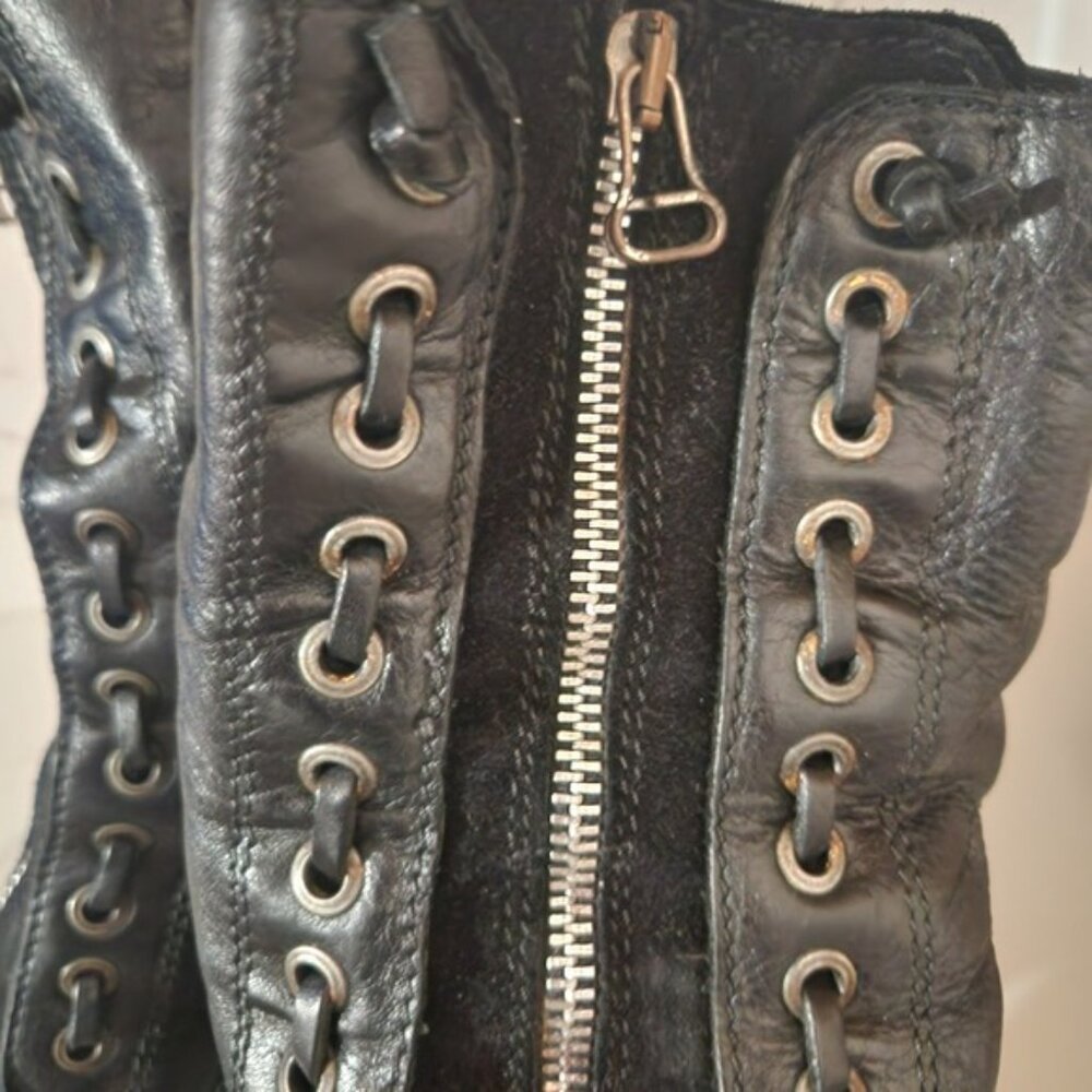 Black Leather Lace Up Zipper Block Heel Ankle Boots Women's Size 39 - Picture 7 of 8